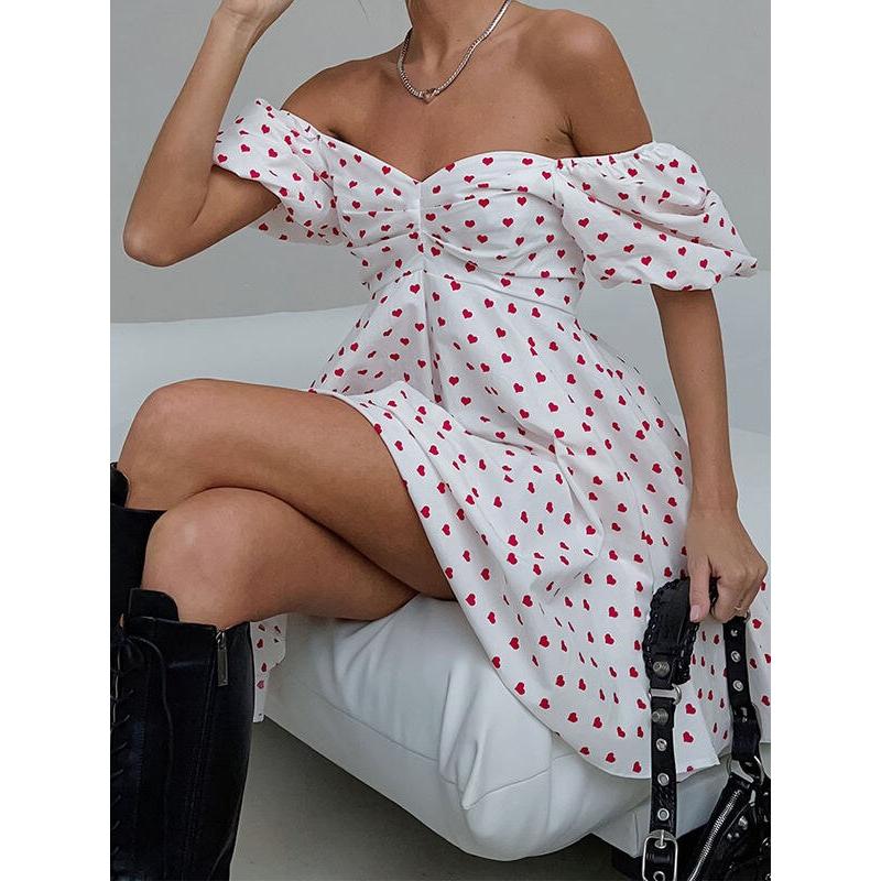 Sexy Short Dresses Women Summer Puff Sleeve Dress Female Vintage Heart Print Dress Ladies Elegant Casual Slash Neck Vestidos Sexy Short Dresses Women Summer Puff Sleeve Dress Female Vintage Heart Print Dress Ladies Elegant Casual Slash Neck Vestidos