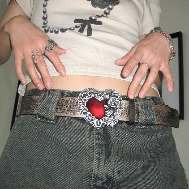 Y2K Punk Red Ruby Heart Buckle Belt