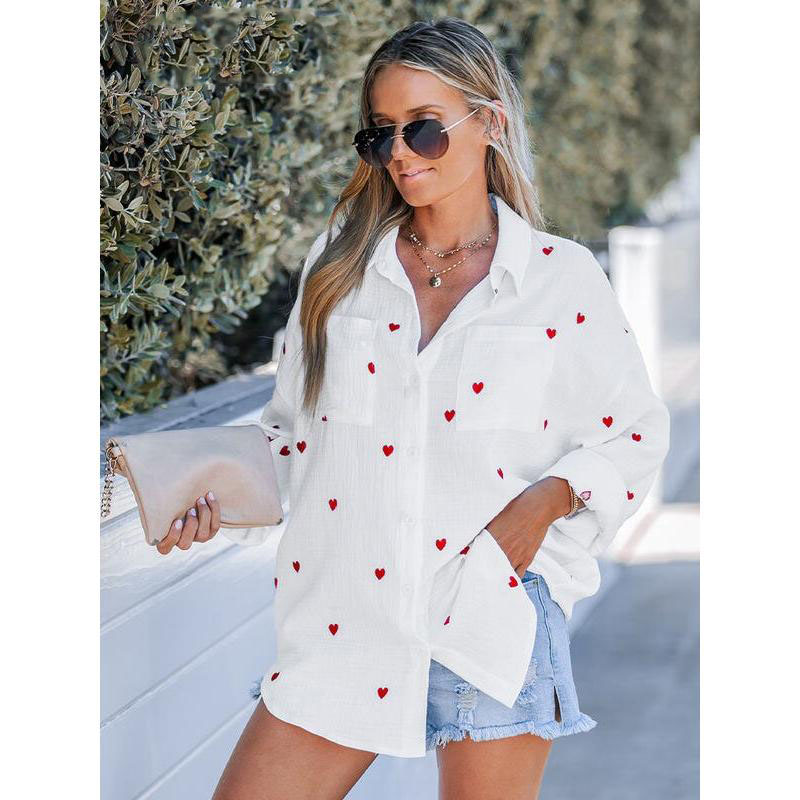 Cotton Embroidered Heart Long Sleeve Blouse - Image 5