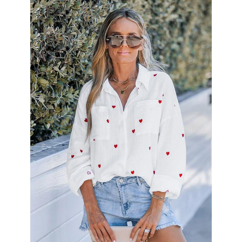 Cotton Embroidered Heart Long Sleeve Blouse - Image 4