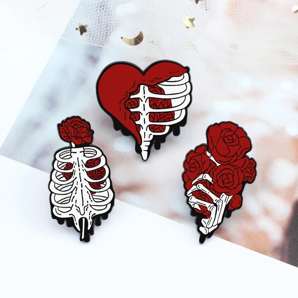 Enchanting Red Rose & Heart Skeleton Enamel Pin Brooch - Image 3