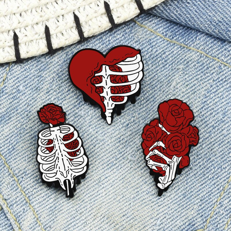 Enchanting Red Rose & Heart Skeleton Enamel Pin Brooch