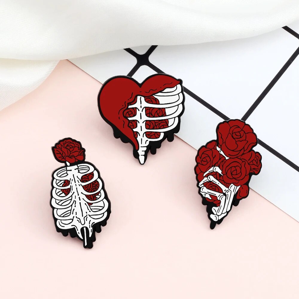 Enchanting Red Rose & Heart Skeleton Enamel Pin Brooch - Image 4