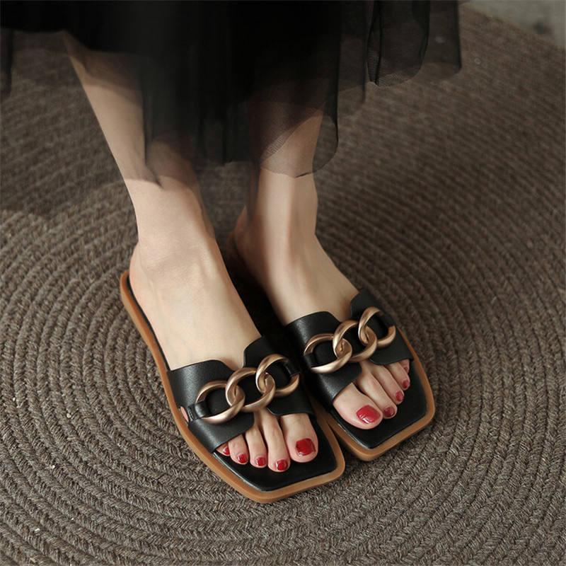 Summer Square Toe Leather Slippers