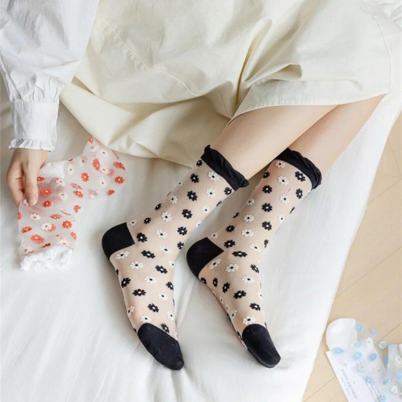 Summer Ultra-thin Crystal Silk Floral Socks - Image 3