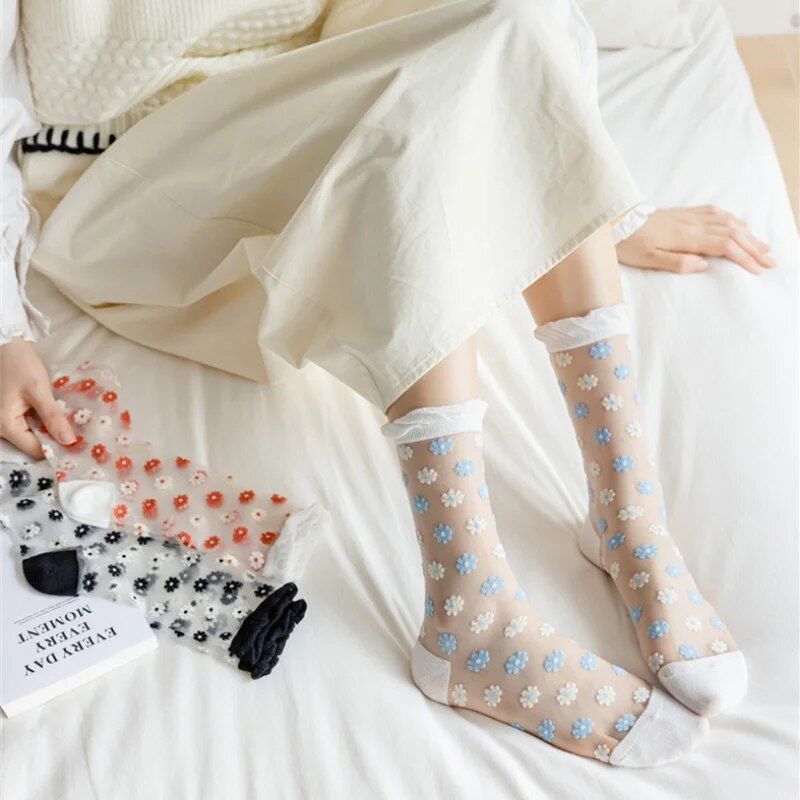 Summer Ultra-thin Crystal Silk Floral Socks - Image 4