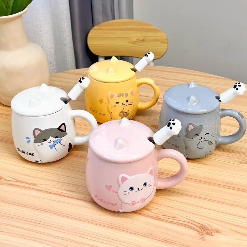 Cute Cartoon Cat Ceramic Mug with Lid and Spoon - Perfect for Office and Home Use - Image 5