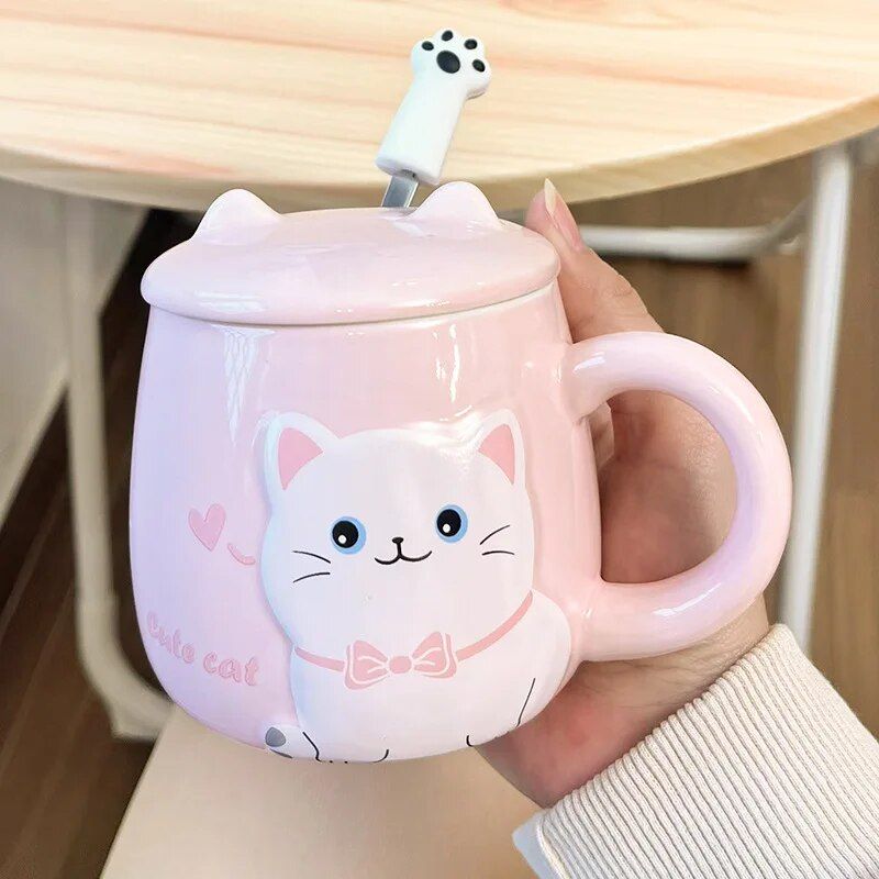 Cute Cartoon Cat Ceramic Mug with Lid and Spoon - Perfect for Office and Home Use - Image 3