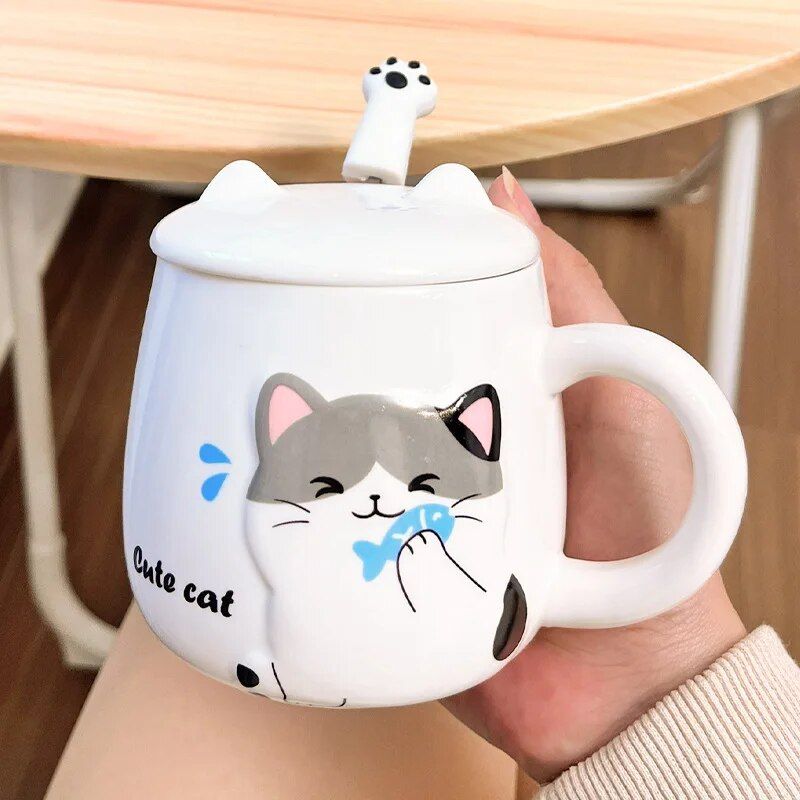 Cute Cartoon Cat Ceramic Mug with Lid and Spoon - Perfect for Office and Home Use - Image 4